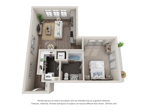Floor plan for 1 bed, 1 bath, 670 sqft